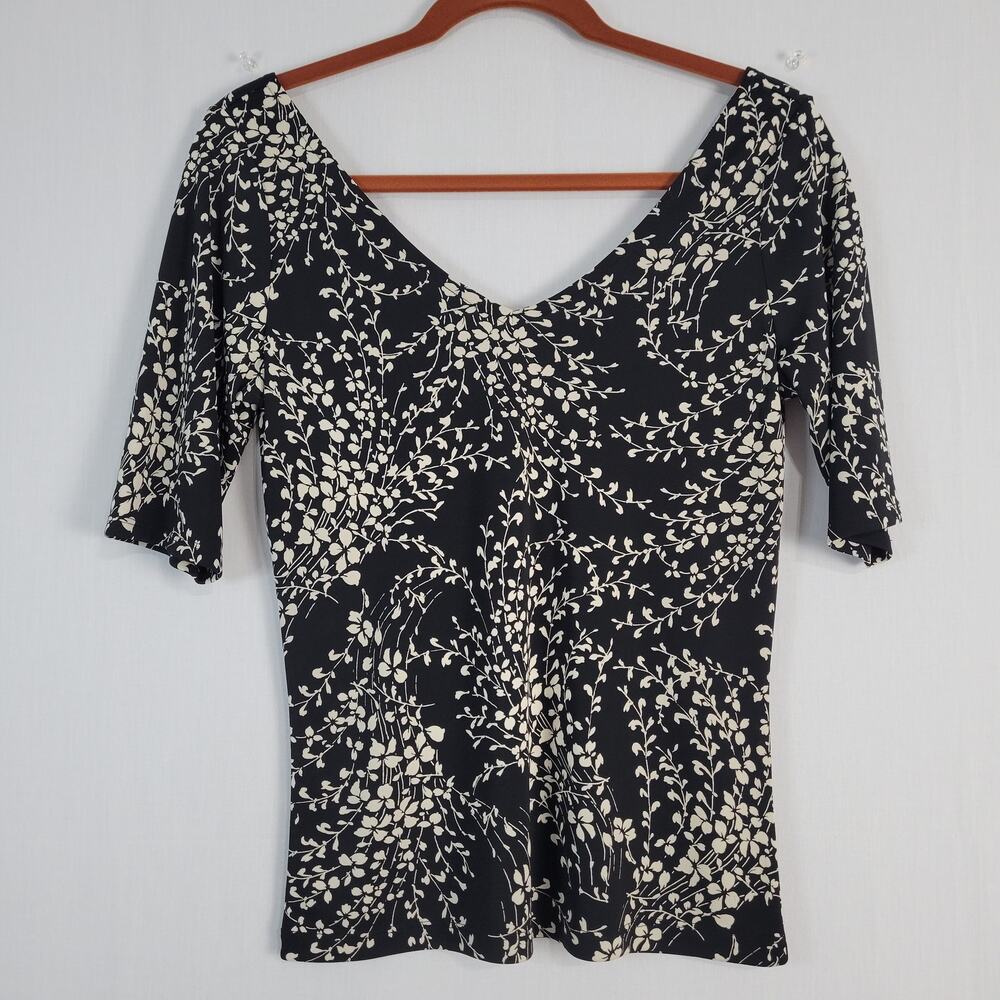 Vintage Y2K V-neck Floral Top sz M Black Ivory Whimsigoth Fairy Grunge Romantic